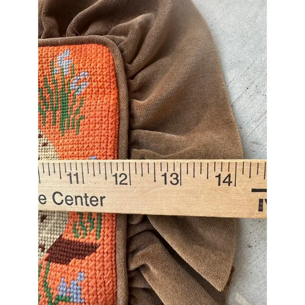 Vintage handmade needlepoint turtle pillow sham brown velvet ruffle orange